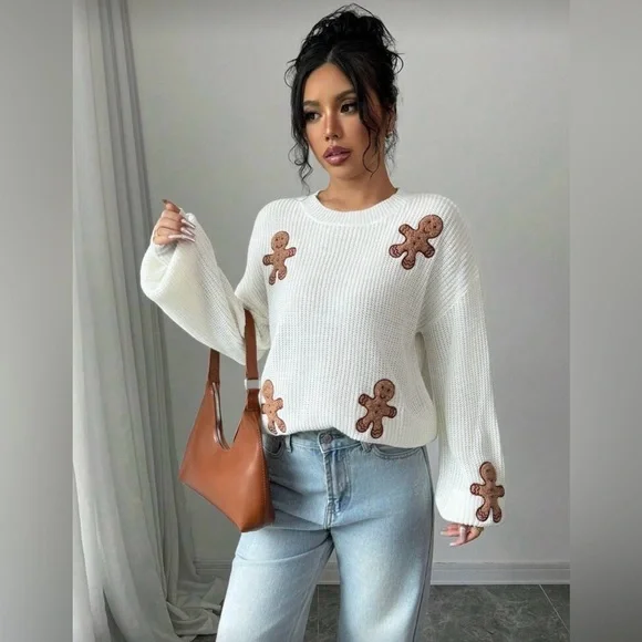 White Sweater with Gingerbread Accents - Picture 1 of 11